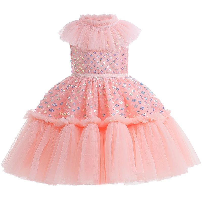 Children Girls Princess Dress Beads Bow Baby Girls Christmas Party Dress Floral Ceremony Elegant Girls Costume Ball Gown