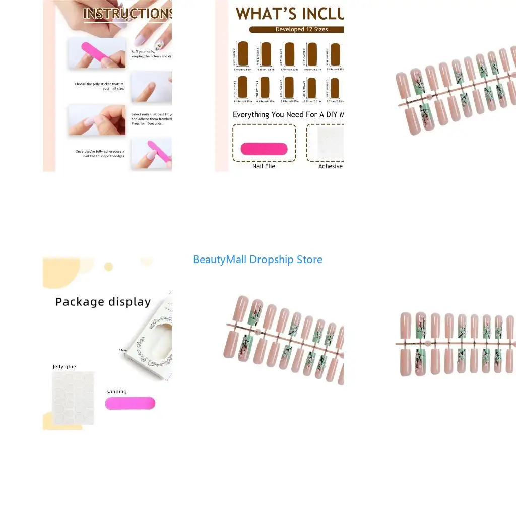 40JD 24pcs Stylish Press on Long Square False Press on With Floral Designs Manicure Decoration for Women