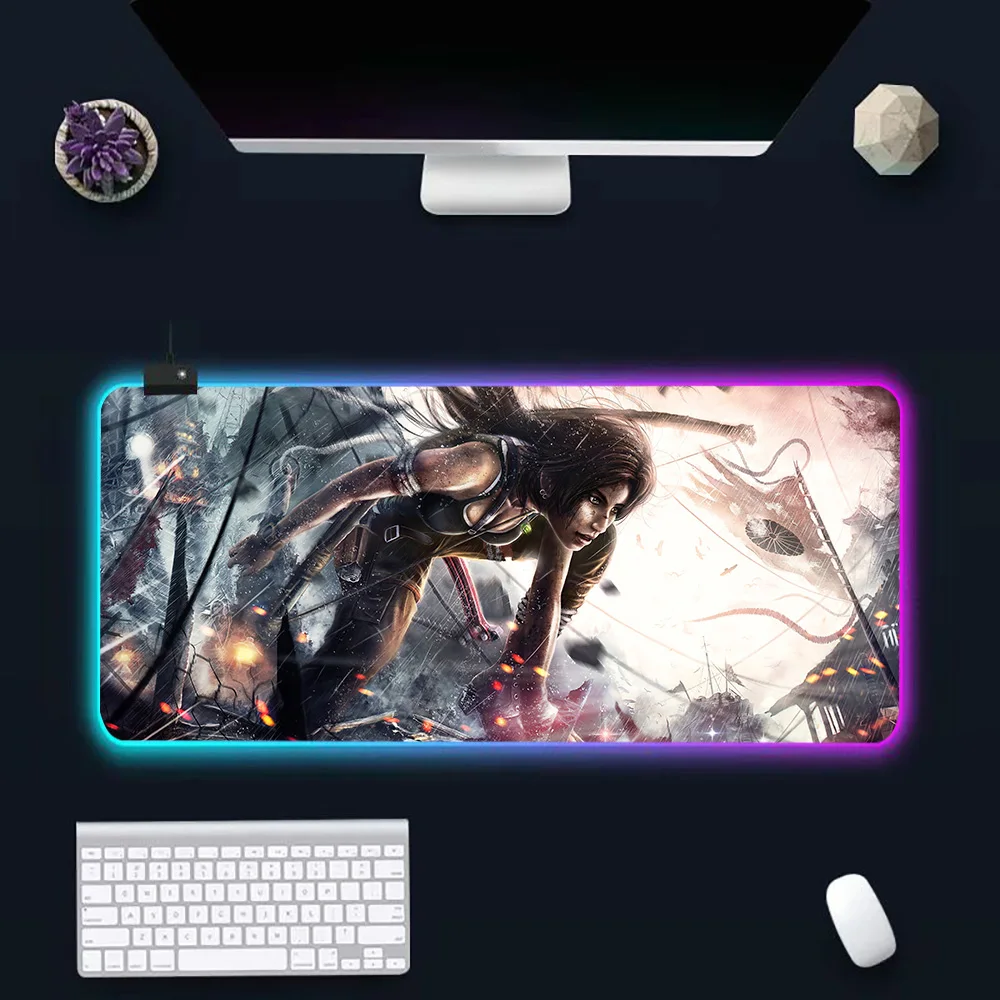 T-Tomb R-Raider RGB Pc Gamer Keyboard Mouse Pad Mousepad LED Glowing Mouse Mats Rubber Gaming Computer Mausepad