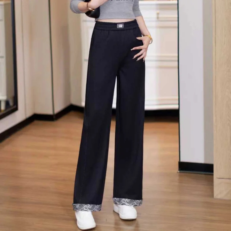 

Rolled Hem Printed Denim Wide-Leg Pants for Women, Autumn New Elastic Waist High-Waisted Slimming Narrow Straight-Leg Casual Pan