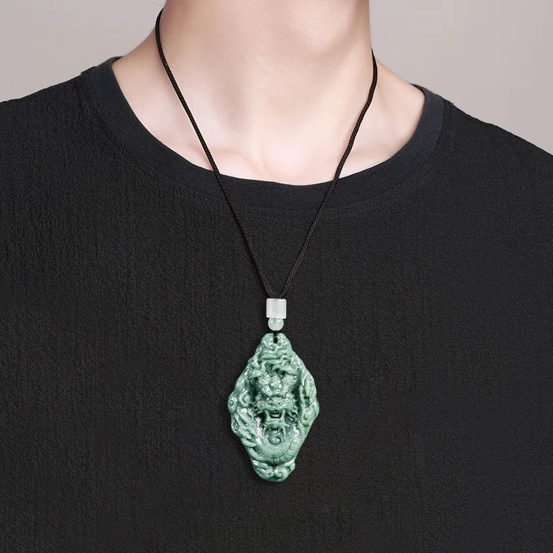 

TIMESWIND Natural A-type Jade Green Three-d Dragon King Zodiac Men Necklace with Certificate
