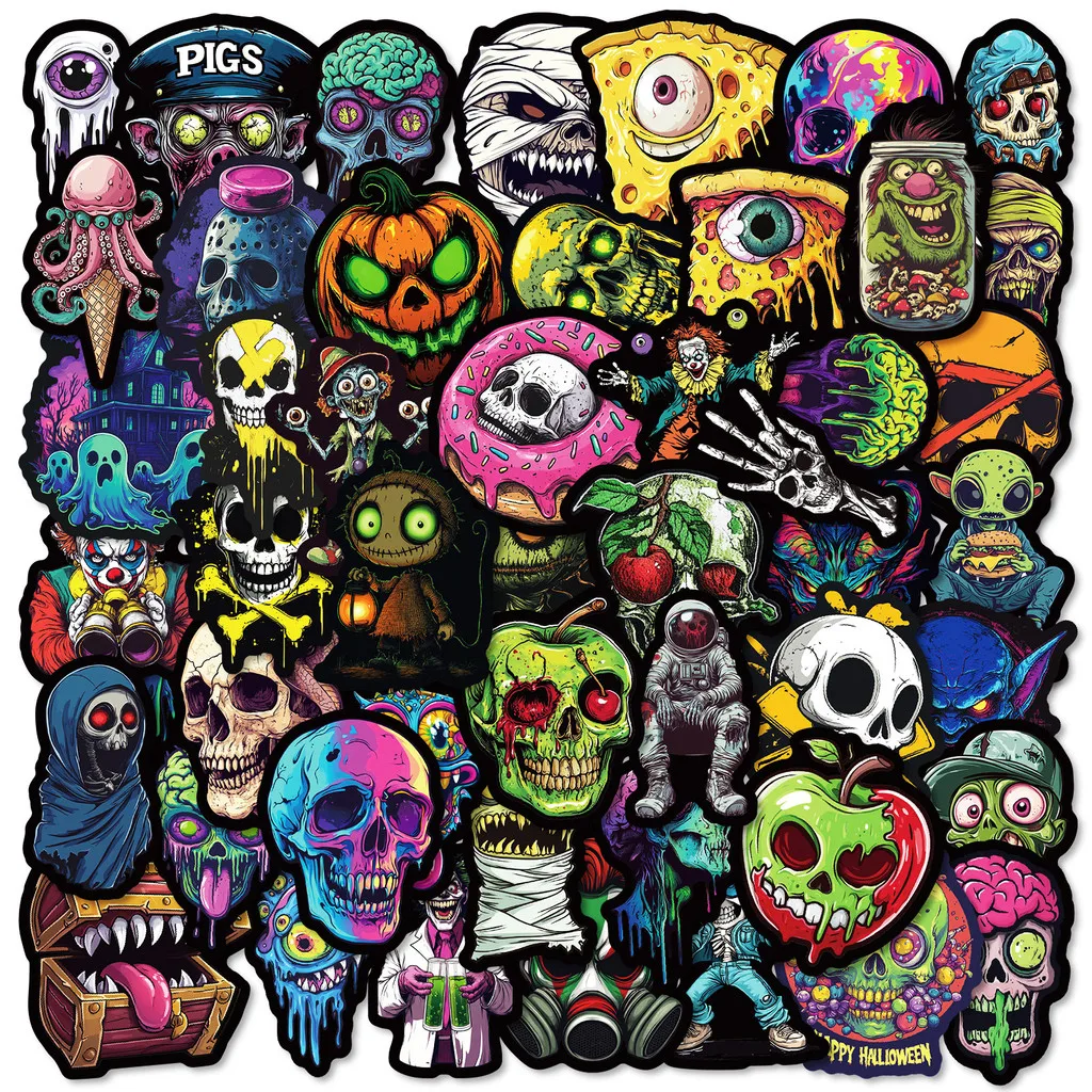 50 bunte Graffiti-Aufkleber mit Totenkopf- und Geistergesicht – einzigartige kreative Dekoration für Halloween-Festivals, AnimeWorlds Store