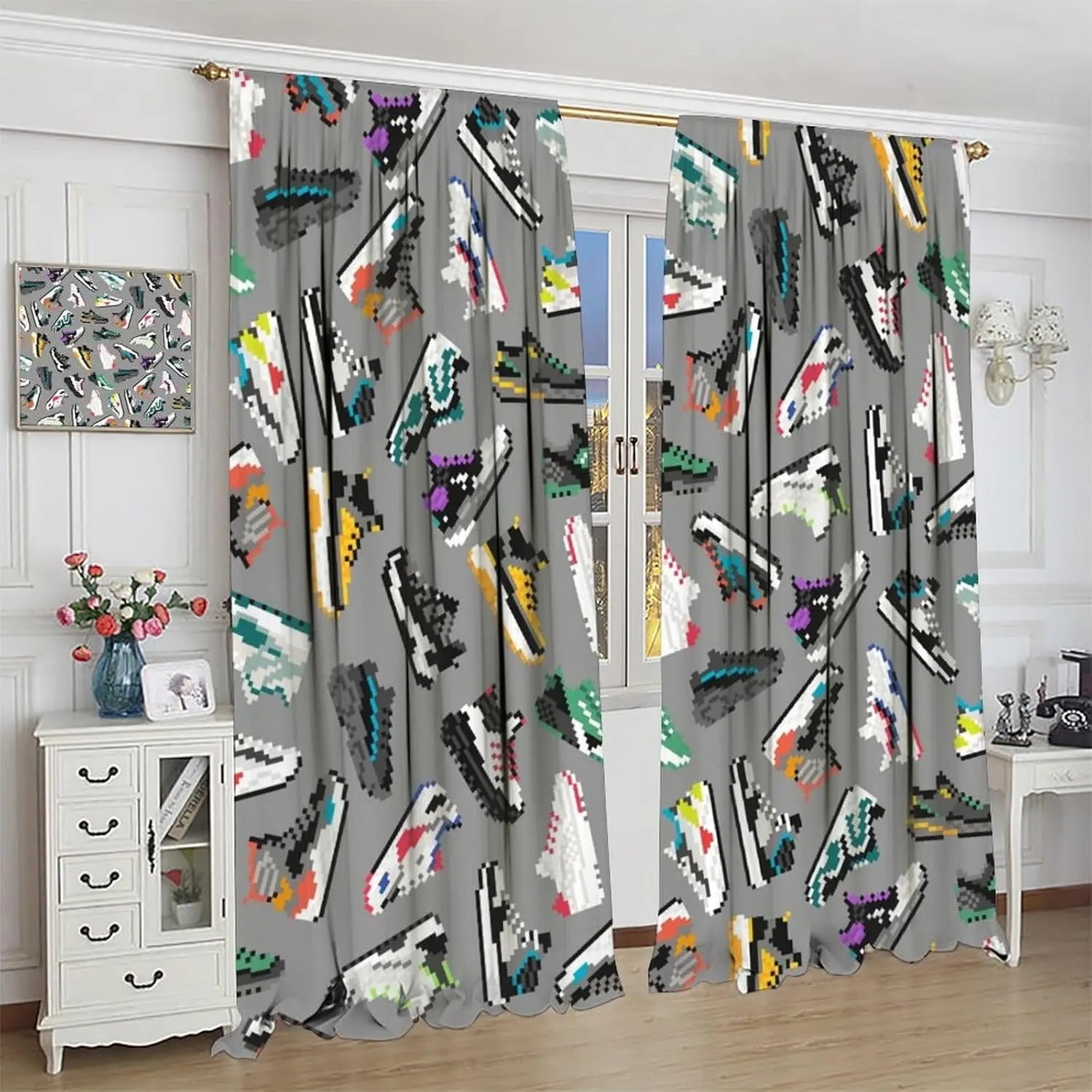 Retro Sneakers Blackout Curtains,Gray Retro Fashion Fun Pixel Sports Basketball Shoes Print Rod Pocket Window Treatments Drapes