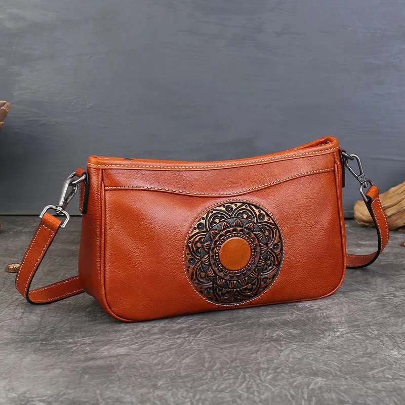 Vintage Embossed Everyday Mini Shoulder Bag for Women Genuine Leather Vegetable Tanned Adjustable Shoulder Strap Luxury Handbag