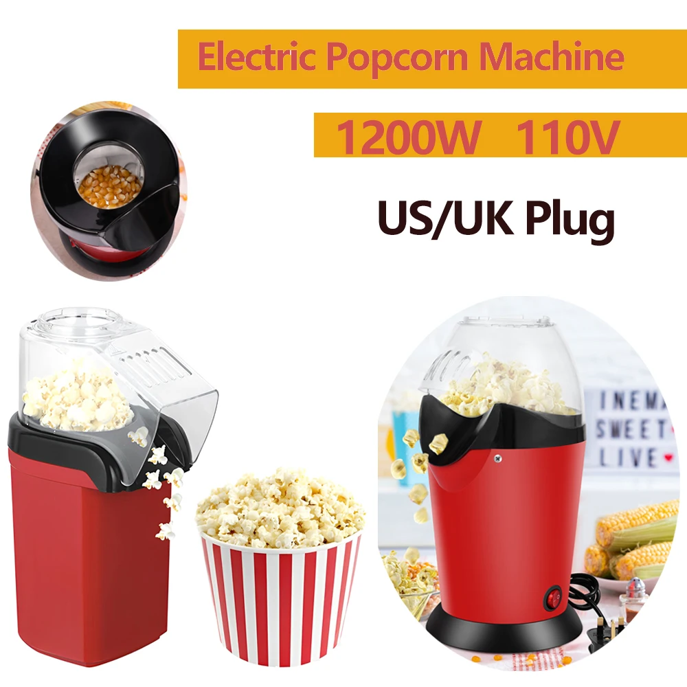 1200W Electric Popcorn Machine Reusable Hot Air Popcorn Maker with Measuring Cup Top Lid DIY Oil-Free Healthy for Home Party