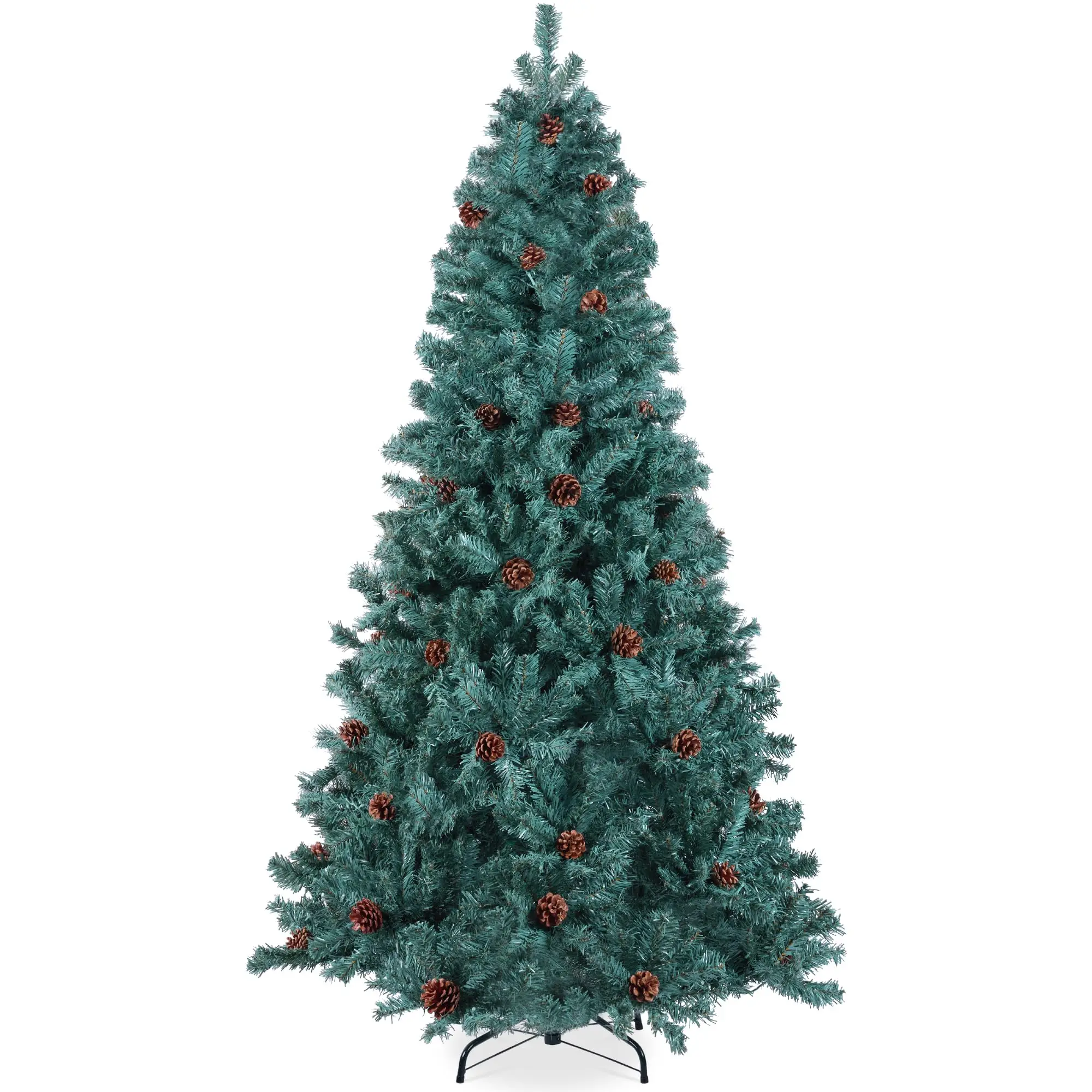 6ft Pre-Decorated Holiday Christmas Tree for Home, Office, Party Decoration w/1,000 Tips, Pinecones, Metal Base – Blue
