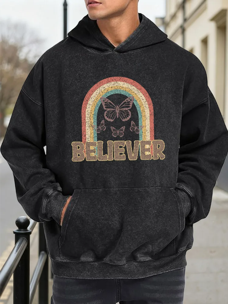 سويت شيرت بقلنسوة برسومات مغسولة كلاسيكية للرجال من Believer، بلوفر كاجوال للشارع