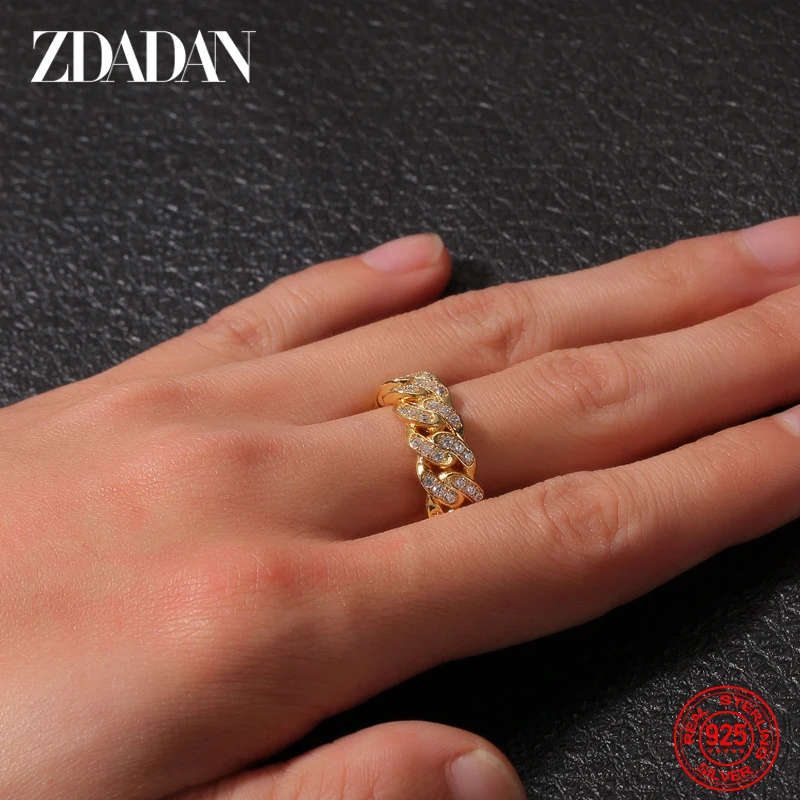 ZDADAN 925 Sterling Silver 18K Gold Cuban Zircon Ring For Men Women Fashion Jewelry