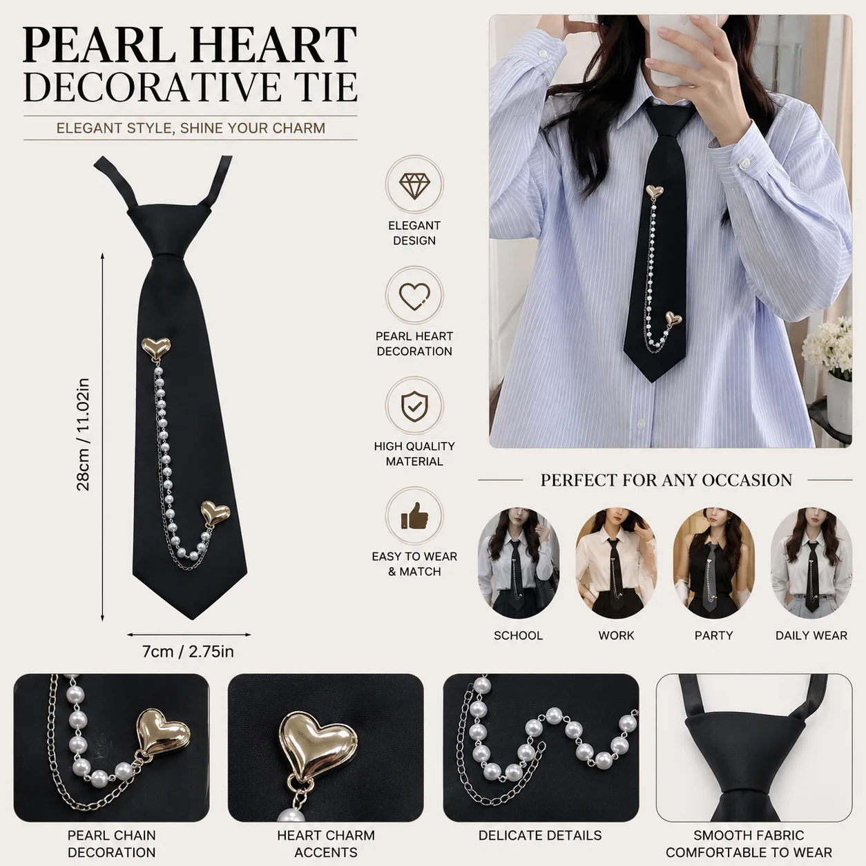 Black Heart Charm Pearl Chain Pre Tied Tie Gothic Preppy Necktie School Uniform No Knot Needed for Women Men