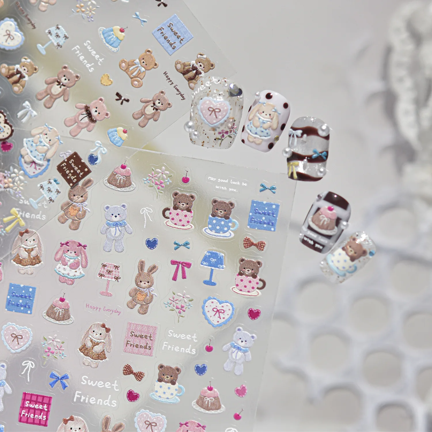Cute Floral Cartoon 5D Nail Art Stickers Color Fabric Bear Lop‑Ear Bunny Teacup Cake Bow Knot Self‑Adhesive Nail Art Decoration