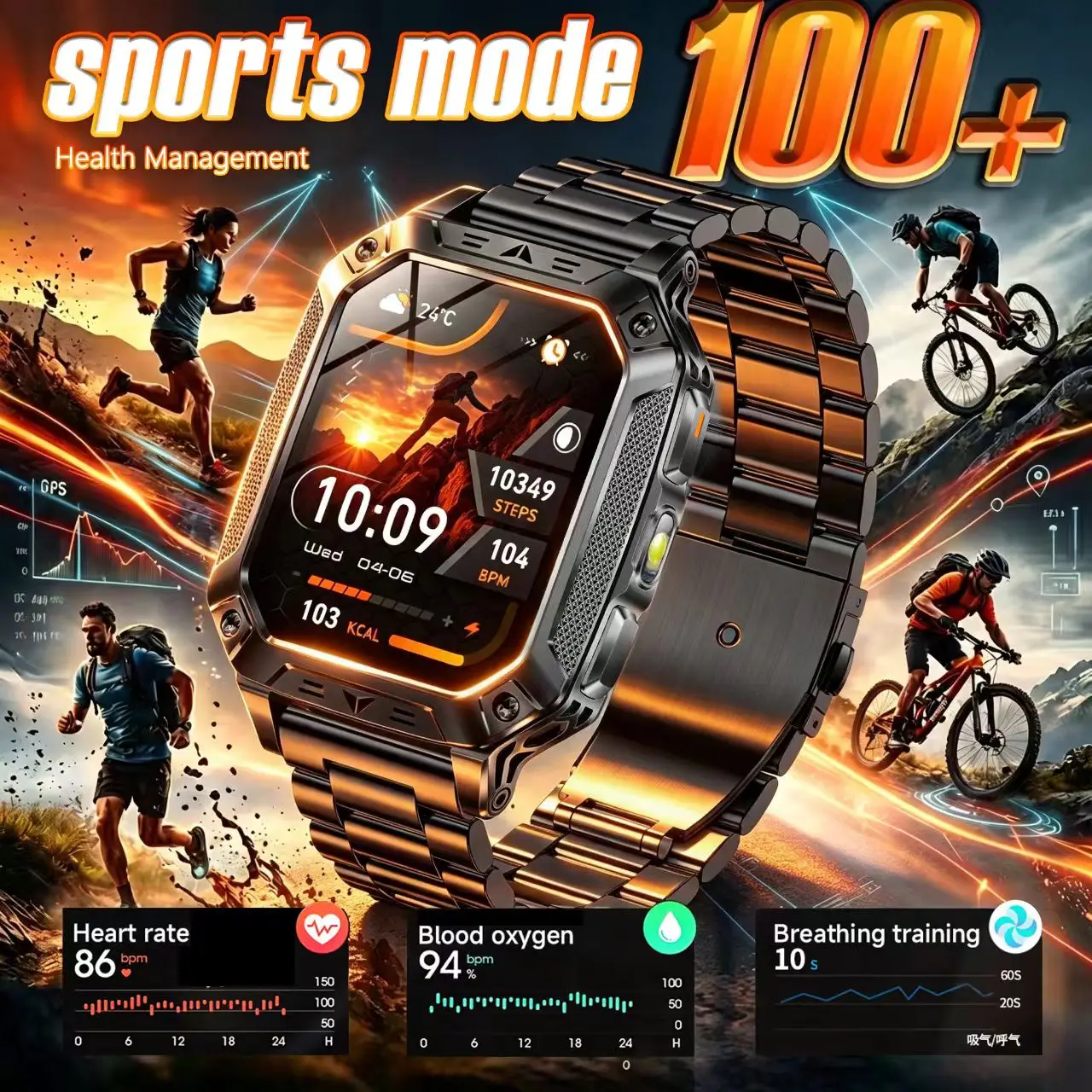 New Outdoor Military 1400mAh Battery Smart Watch calling flashlight Men Sports SOS Flashlight IP68 Waterproof Bluetooth Call