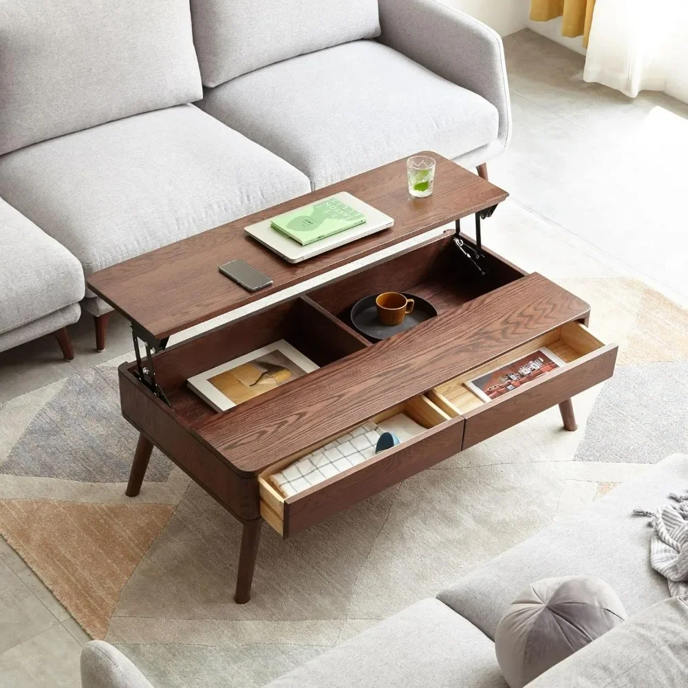 Table basse relevable en chêne massif avec compartiment GNE et étagère de rangement, table à manger et bureau de salon, 100% po, 47.24