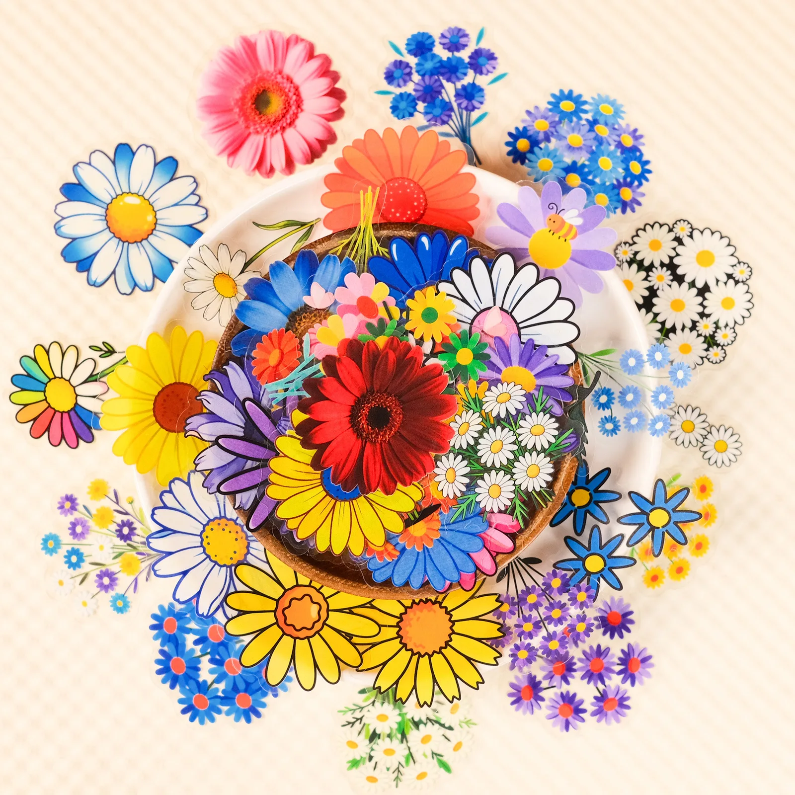 

56/112Pcs Colorful Daisy Clear PET Waterproof Stickers for Stationery Box Notebook Scrapbook Guitar Fridge Cabinet Helmet Decals