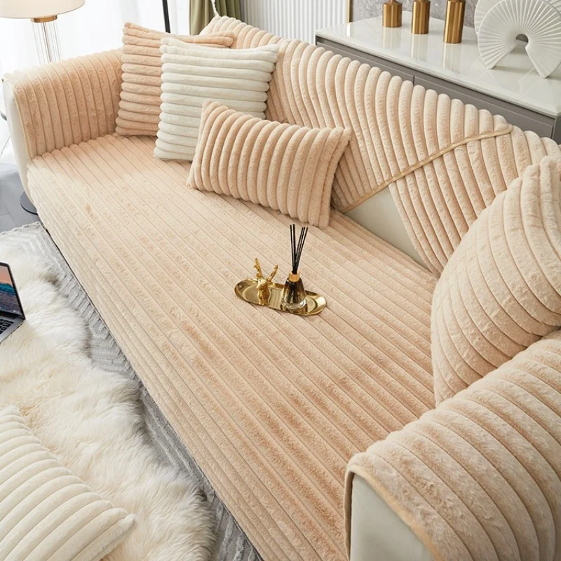 Verdickter Plüschstreifen-Imitat-Kaninchenfell-rutschfester Sofabezug, für Winter, Wohnzimmer, Couch, Sitzdekoration, Schonbezug, Sofa-Handtuch – Detail 7