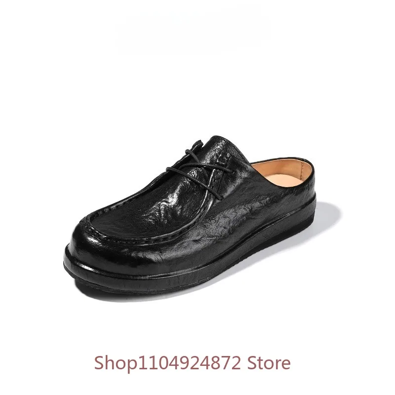 High-end Black Genuine Leather Lace-up Casual Half Slippers Men's Leather Shoes Summer Outdoor Beach Horsehide Sandals Male