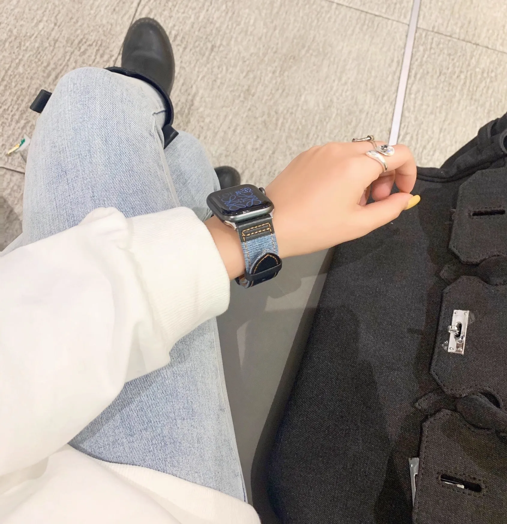 Bracelet en cuir couture Denim pour Bracelet de montre Apple Ultra 49mm Bracelet d'affaires sur iWatch SE ceinture 40mm 45mm 44mm série 87654321