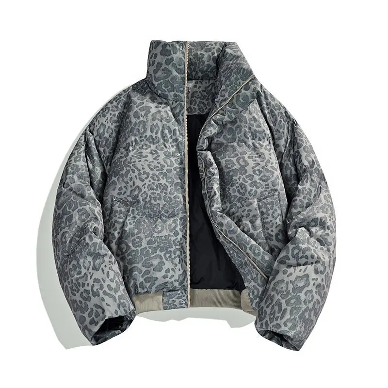 

2025 Мужская короткая куртка, зимняя винтажная куртка с леопардовым принтом и воротником-стойкой, мужское пуховое пальто с длинным рукавом на молнии, свободная повседневная мужская верхняя одежда