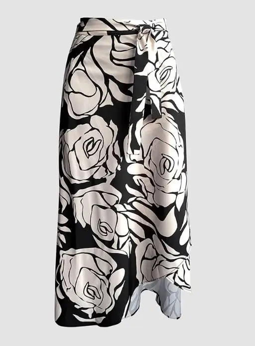 Gonna per le donne 2026 Nuova moda primaverile Colorblock Stampa floreale Avvolgente Gonna con lacci Gonna lunga casual con orlo asimmetrico