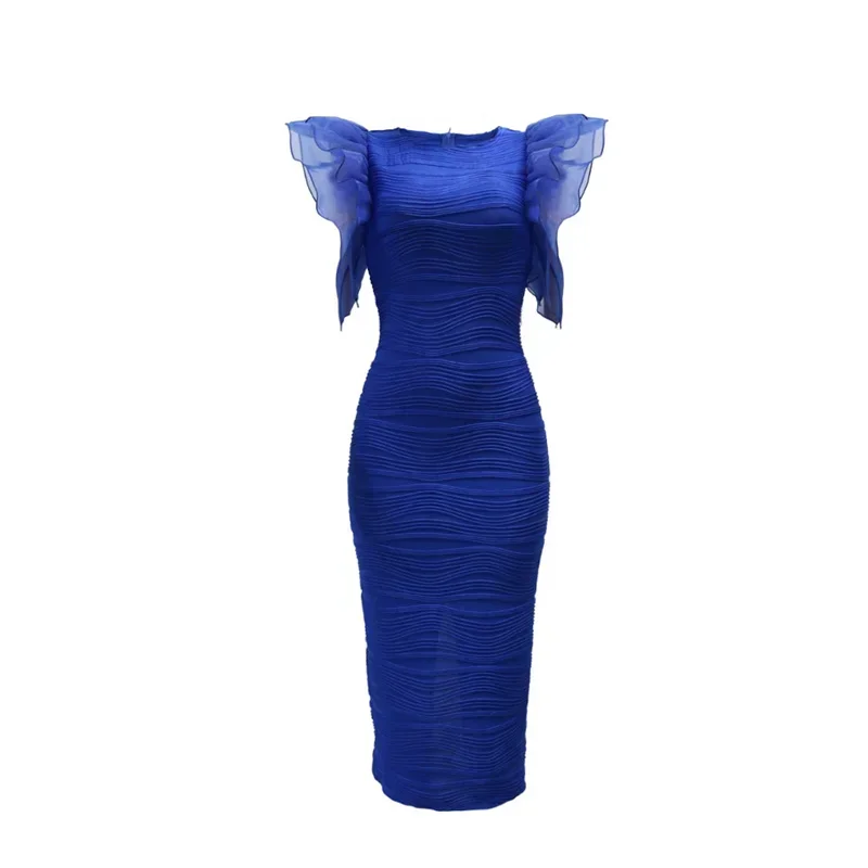 2024 Fashion See-through Ruffle Sleeve Dresses Women Slim Wrap Hip Dress Solid Color Wave Pattern Frock O Neck Female Long Gown