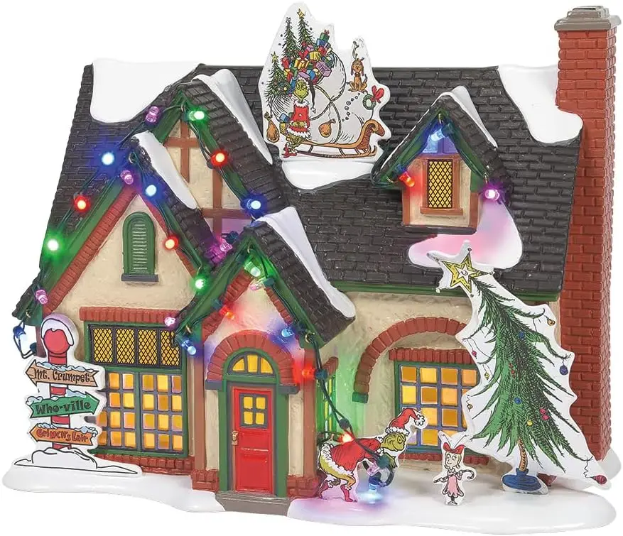 

Grinch House Lit Building Collectible Christmas Village, LED Lights, AC Adapter, Hand Painted Ceramic Decor Gift