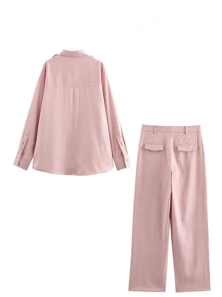 TRAFZA Abito alla moda da donna Rosa Colletto rovesciato Manica lunga Camicie monopetto + Pantaloni lunghi a vita alta Set primaverili femminili