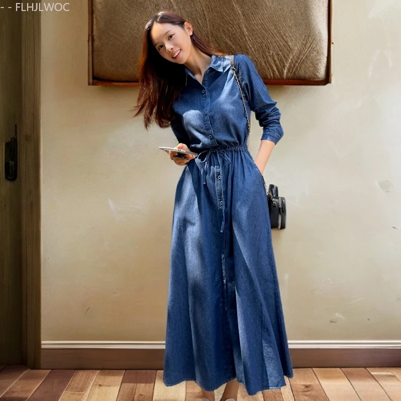 Denim Dresses New Autumn Woman Casual Cute Korea Chic Style Girls Retro Vintage Cotton Jeans Blue Button Long Maxi Shirt Dress