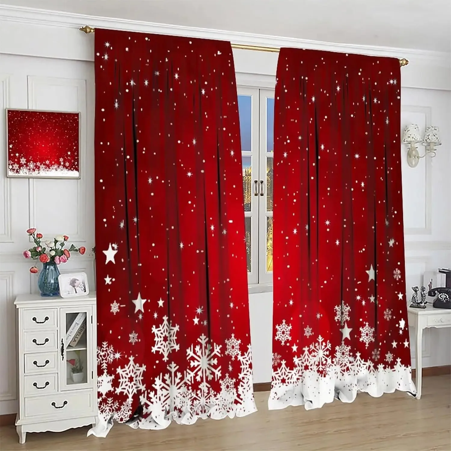 2PCS Digital Print Curtain, Red Background with White Snowflakes and Stars, Minimalist Winter Christmas, for Window Home Decor