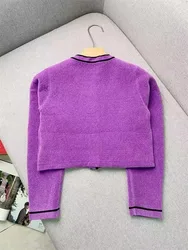 Fall Winter New Fashion Short Sweater Cardigan Women Elegant Purple Single Breasted Stripe Trim Sweet Jacket Coat Ladies