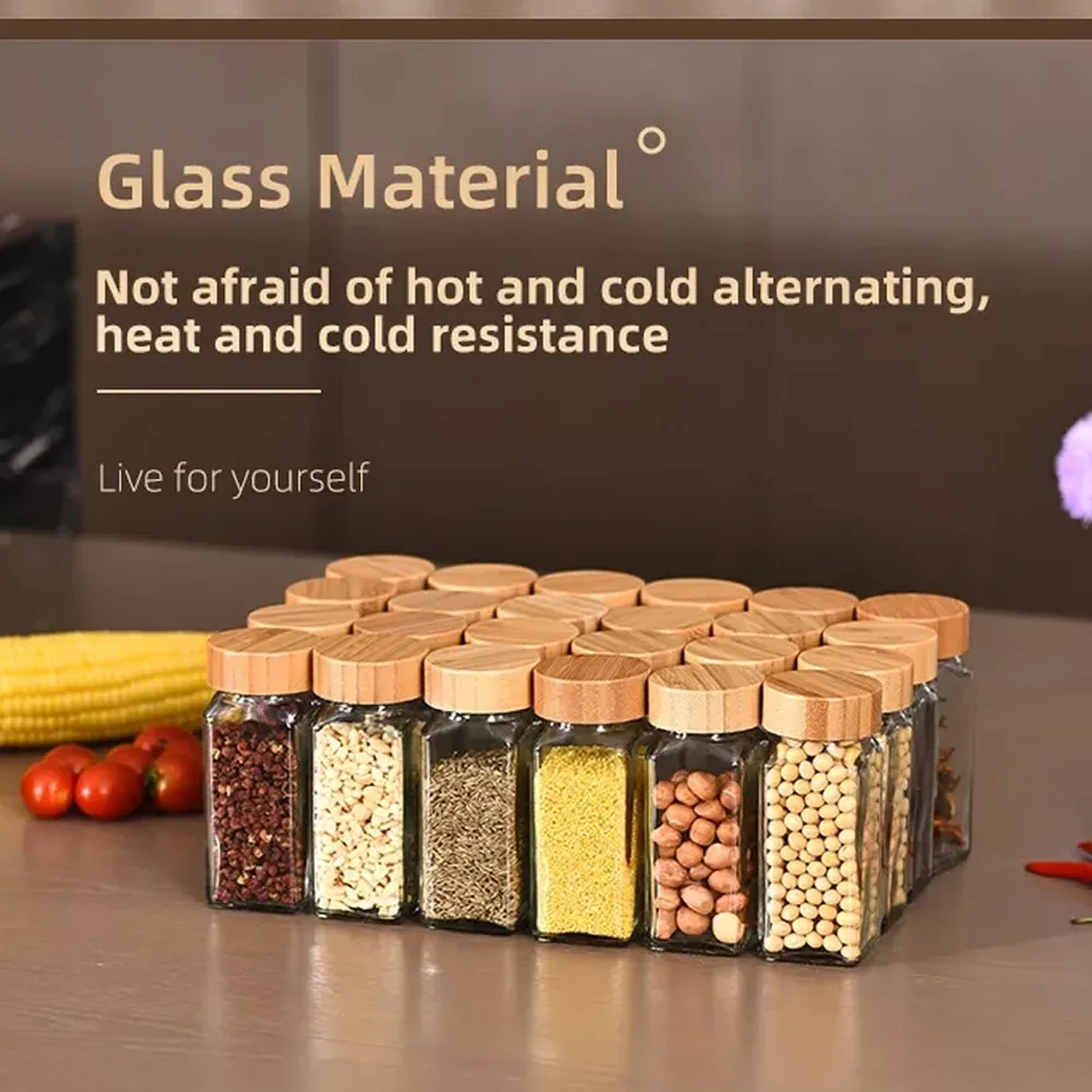 Square Bamboo Lid Spice Bottle Glass Spice JarSalt  Pepper Bottle Spice Organiser Kitchen Seasoning Organiser Accessories