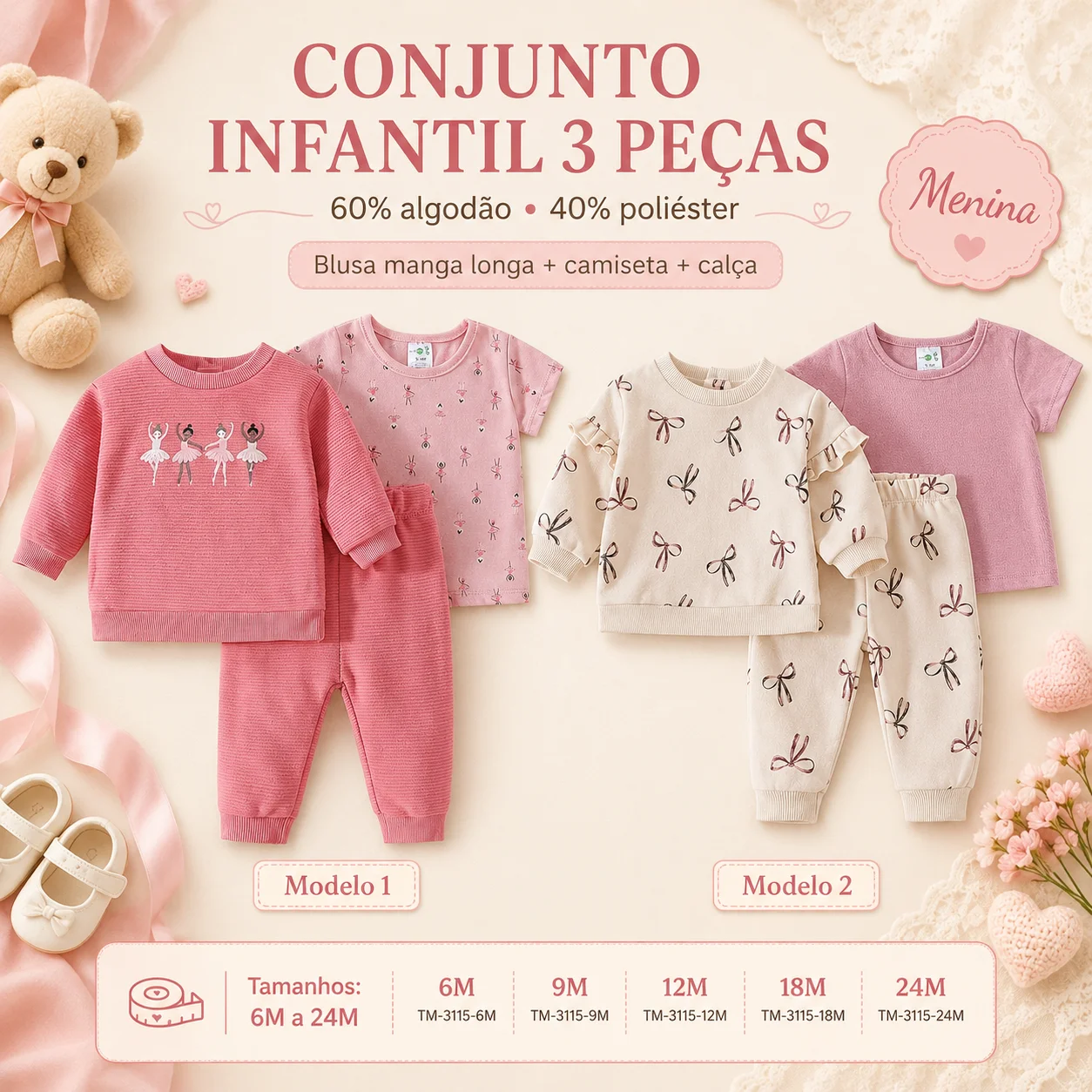 Conjunto Bebê 3 Peças com Body, Calça e Moletom