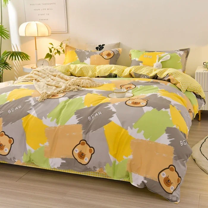 Geometric Graffiti Duvet Cover Set Yellow Grey Green Rectangle Cute Bear Comforter Cover Painting Bedding Set for Bedroom Decor