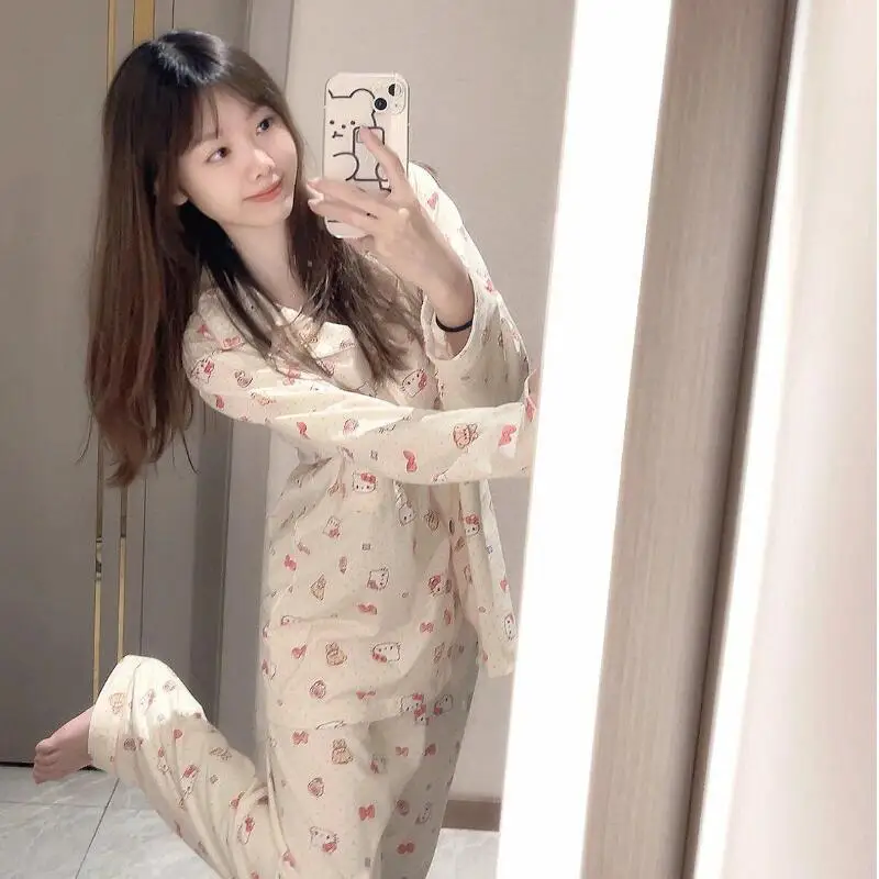 

Sanrio Cute Pajamas Hello Kittys Kawaii Long Sleeves Trousers Loose Casual Comfortable Sweet Simple Print Gift for Girlfriend