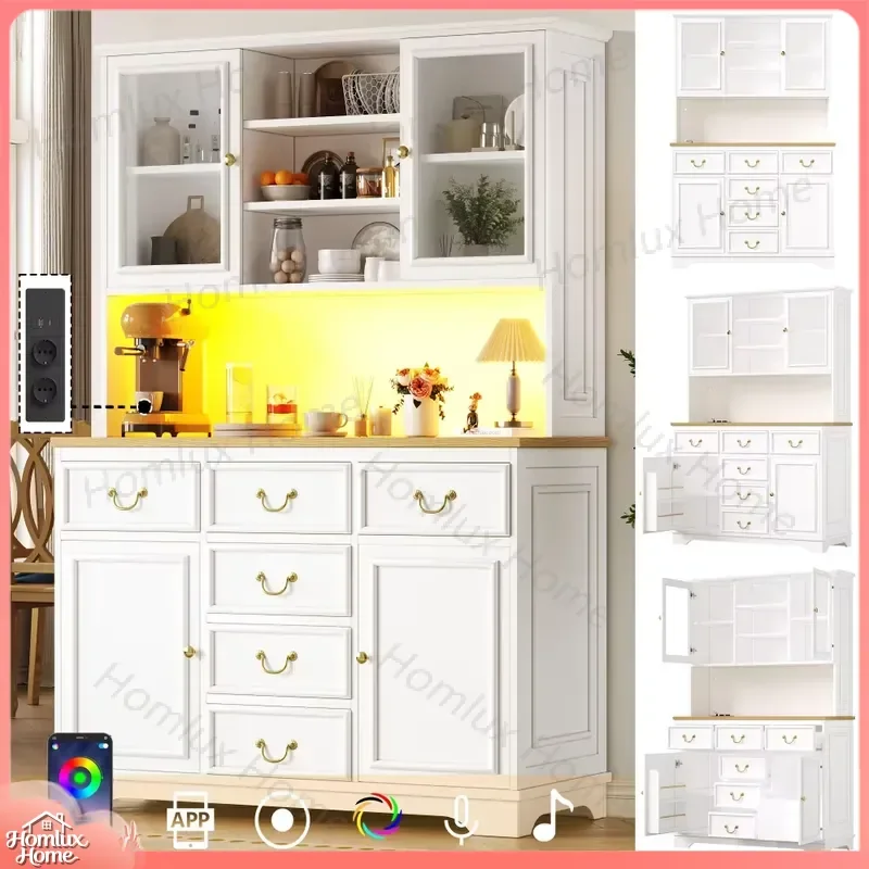 Tall Kitchen Cabinet with USB Ports and Power Outlets Sideboard with LED Light Strip Storage Cabinet for Modern Kitchen Home