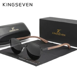 KINGSEVEN 2023 New Handmade Walnut Wood Round Sunglasses Men Women Polarized Mirror Sun Glasses Male Steampunk Shades Oculos