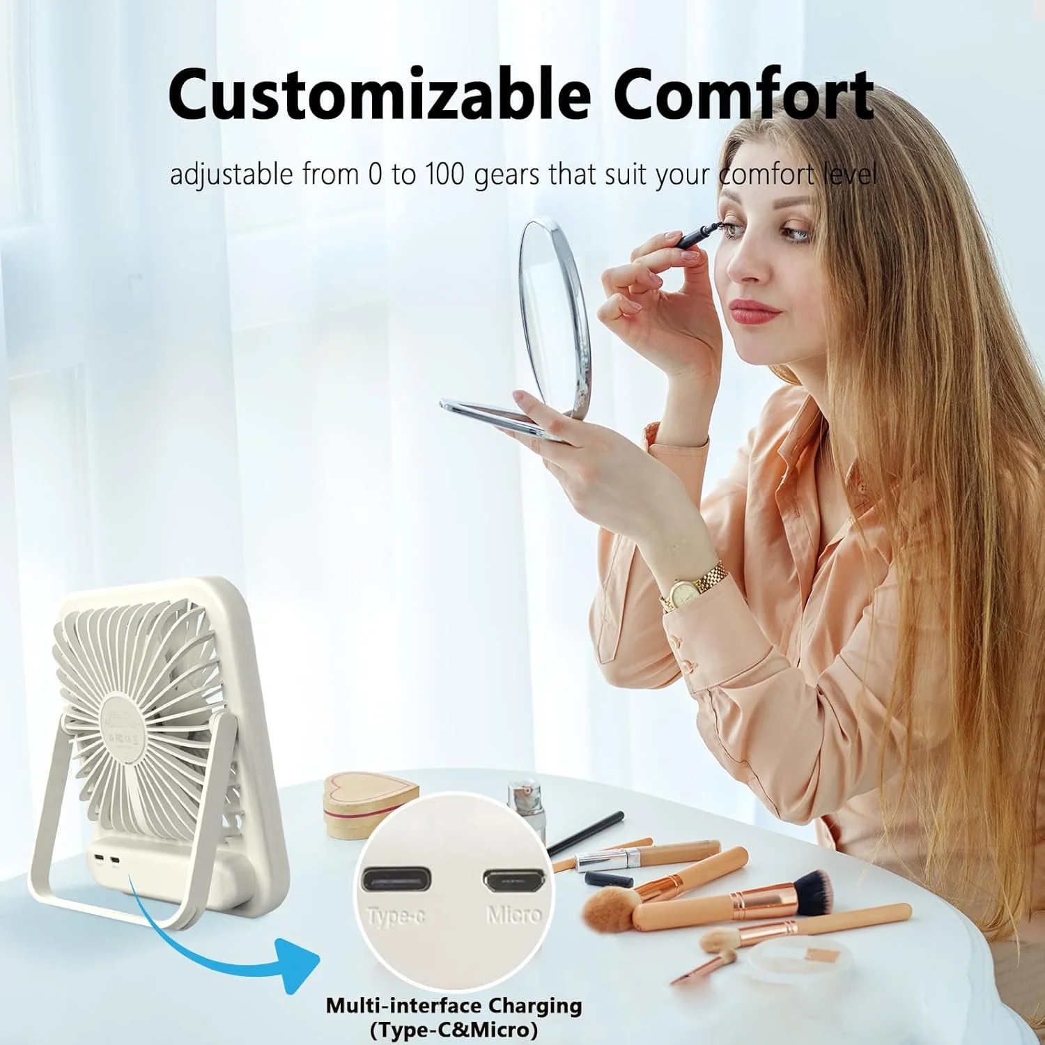 مروحة مكتب 2000 مللي أمبير قابلة لإعادة الشحن، مروحة USB محمولة لتدوير الهواء مع الروائح، 100 سرعة، 39 قدم، 180 °   إمالة، الترا كو