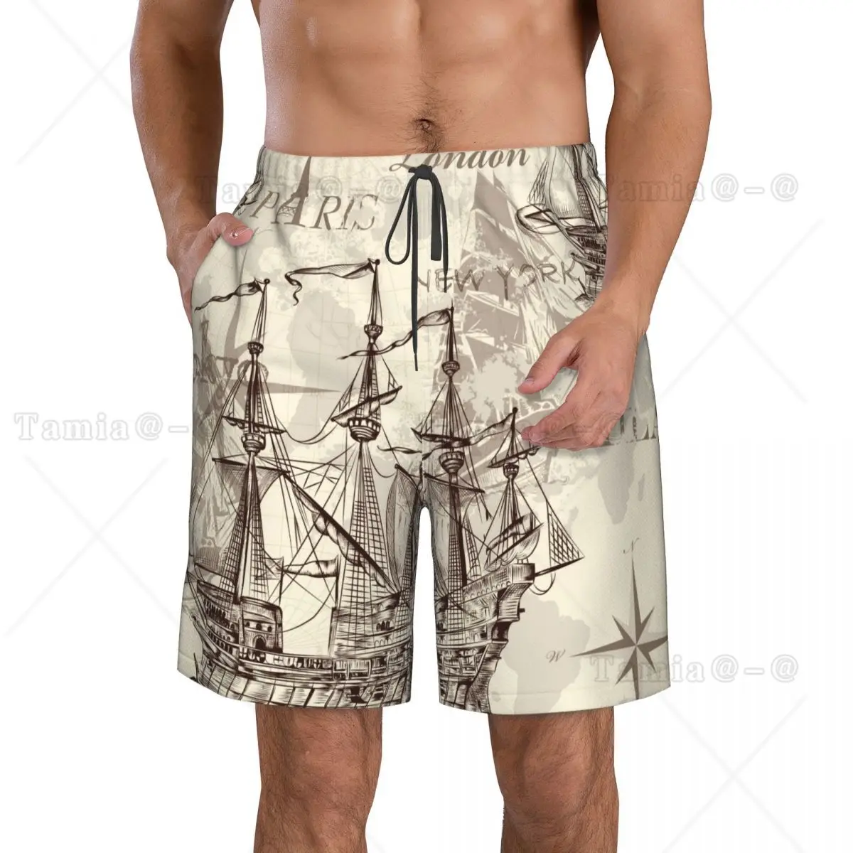 Beach Swimsuit Men's Quick-drying Swimwear Retro Nautical Ship and Map Men Breathable Swimwear Beach Shorts Sexy Male Swimsuit