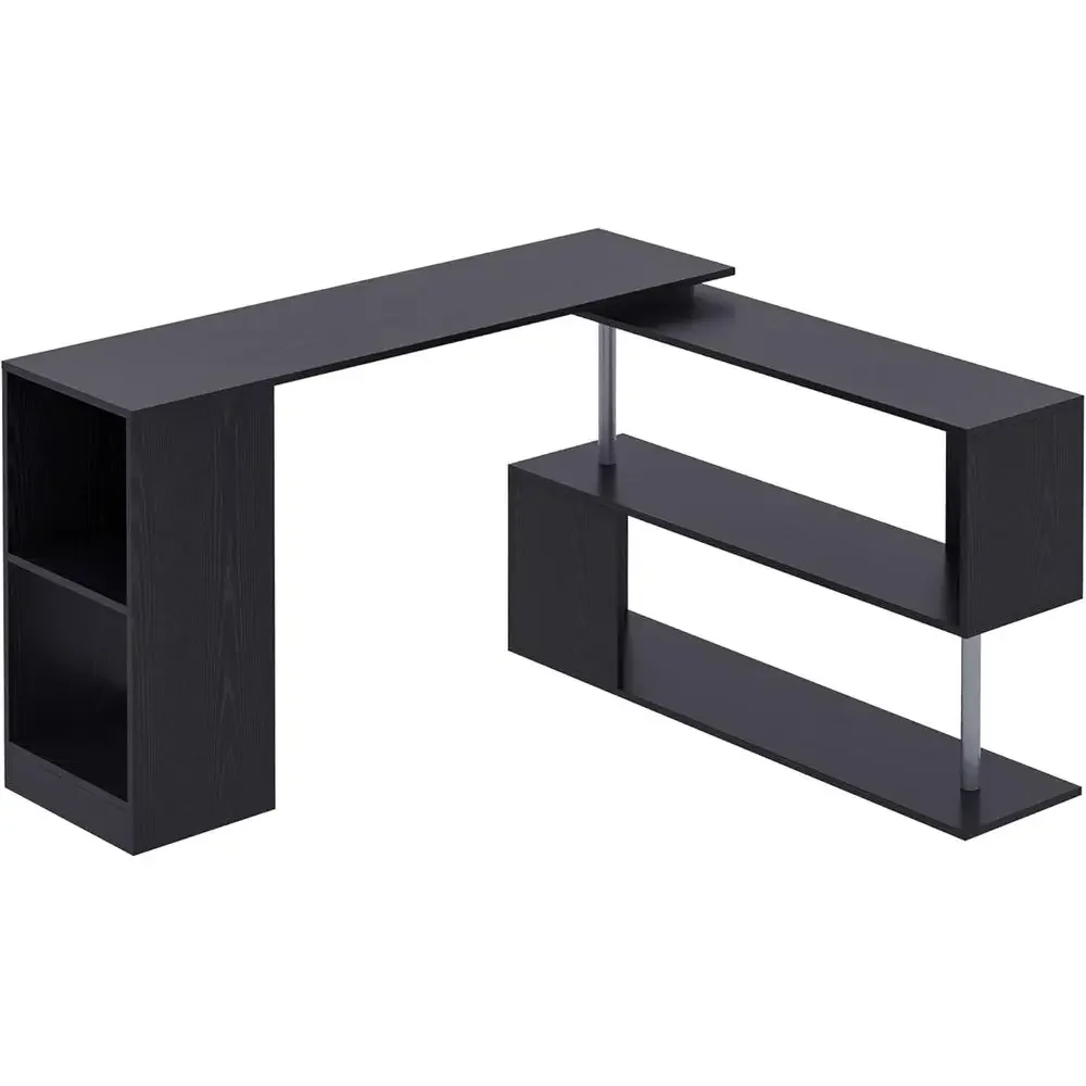 

L-Shaped 55 Rotating Desk with 3-Tier Storage and Bookshelf for Home Office in Black