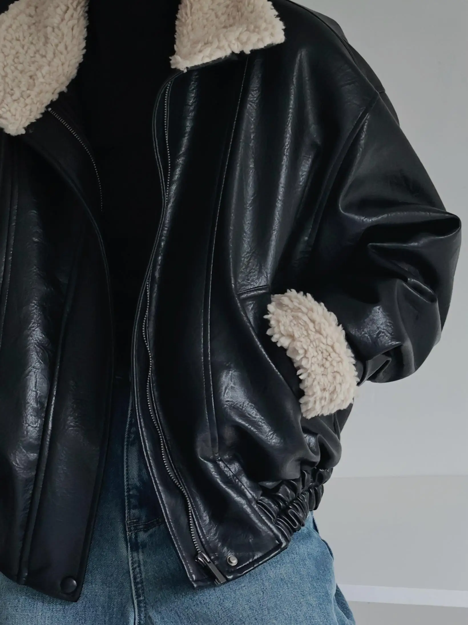 Street Sle Lamb Fur Jaet Thi Warm ort Leather Coat for Women Zipper Closure Polyester Fiber Winter Outerwear