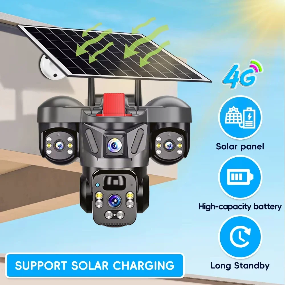 KERUI 4G SIM WiFi Home Security Camera PTZ 6MP Solar Panel Triple Lens CCTV Video Surveillance V380pro Outdoor Built-in Battery