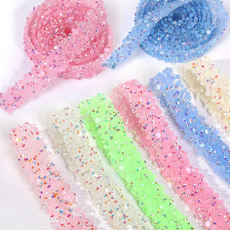 1Yard Self Adhesive 12mm Rhinestone Beaded Trim Colorful Resin Rhinestone Hotfix Ribbon Stick on Chain for DIY Garment,Shoes,dec