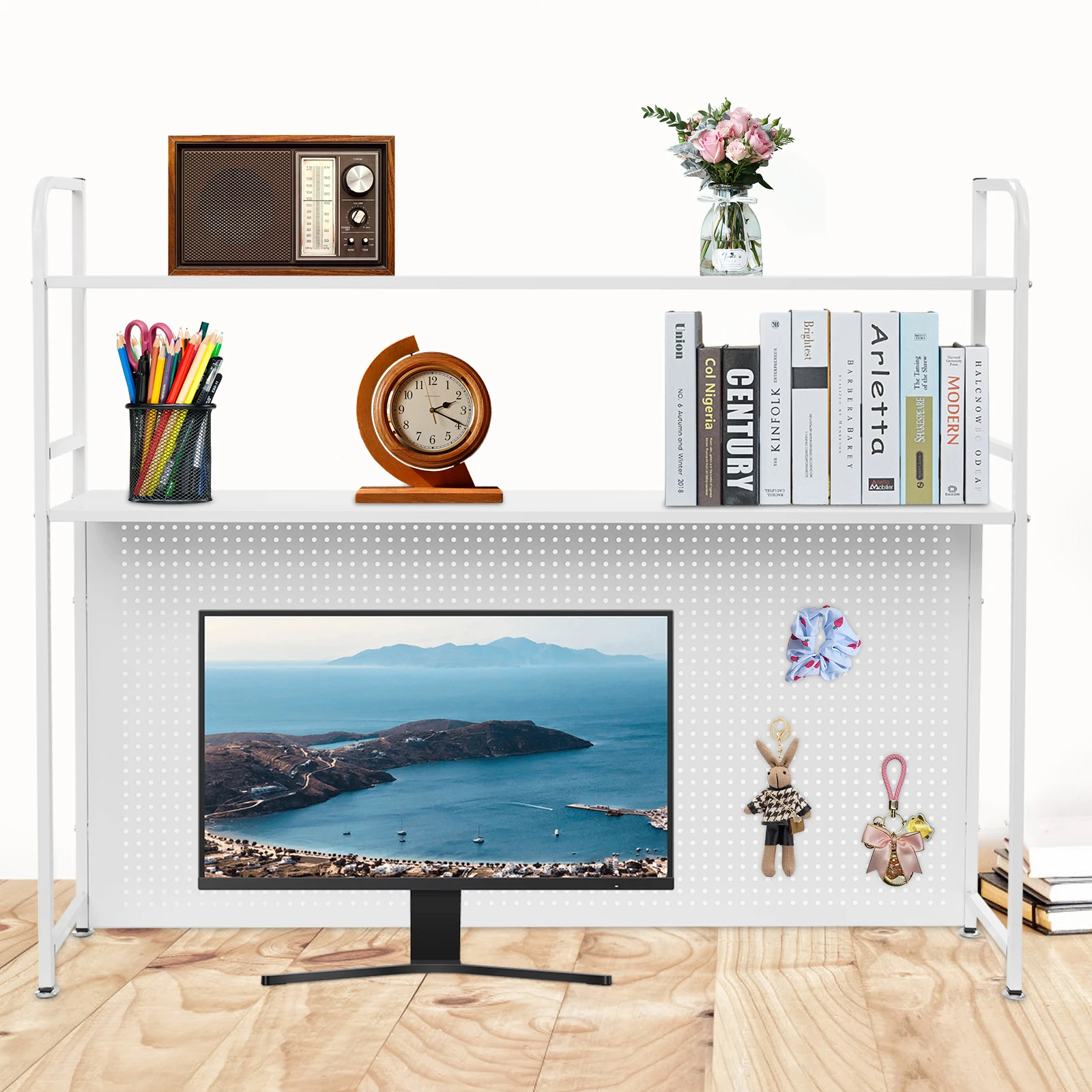 

White Modern 2-Tier Desktop Bookshelf, High-Class Iron With Lacquer Showering Process, 11Lbs Per Tier Load Capacity