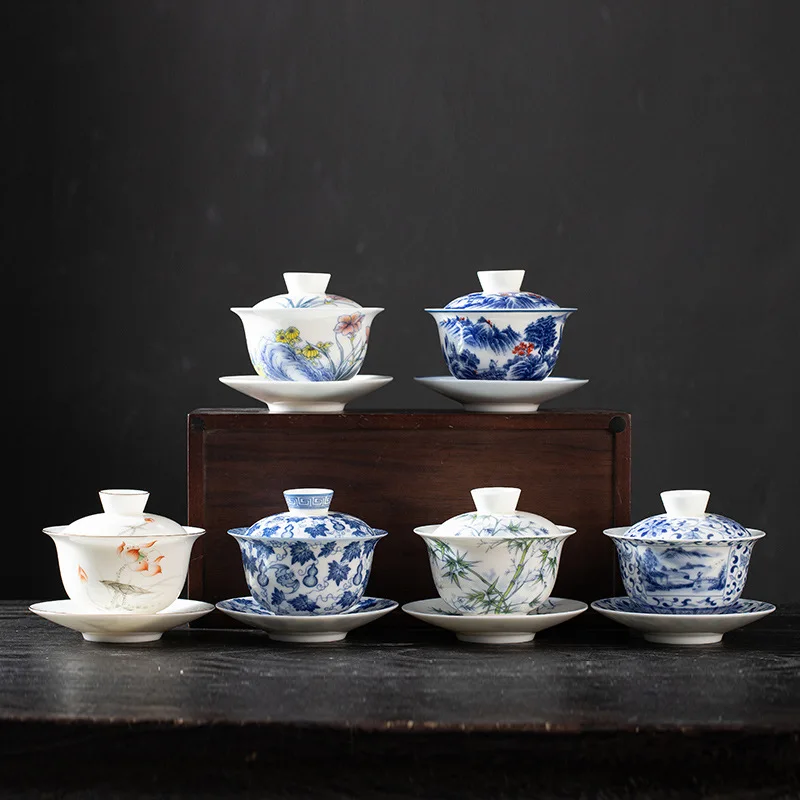 Jingdezhen Two-Part Gaiwan Blue White Porcelain Hand Painted Fu Lu Pattern Tea Bowl Single Underglaze Kung Fu Tea Brewing Cup