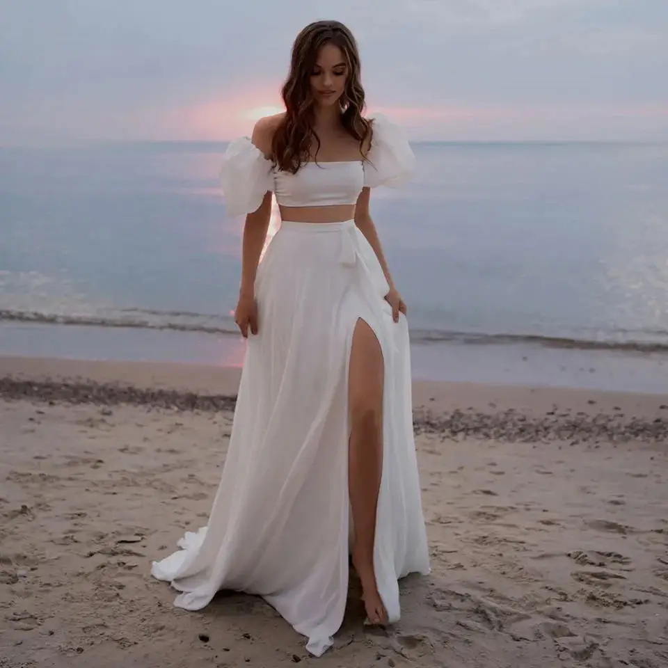 

Customized Two Pieces Simple Beach Wedding Dress For Women 2024 Lantern Sleeves Chiffon Bridal Gown High Slit Vestido De Novia