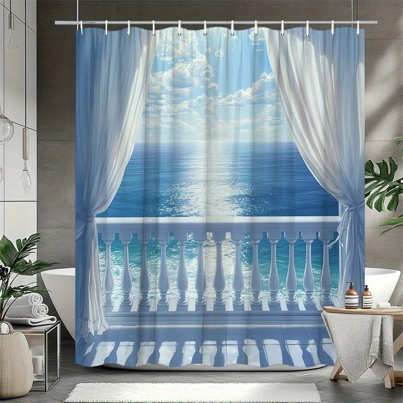 1pc Ocean Balcony Shower Curtain with White Railings, Billowing Drapes, and Deep Blue Seascape Design - Polyester Fabric Bathroo