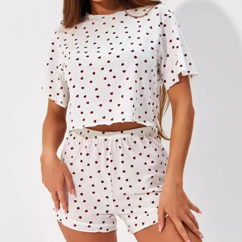 

2-Piece Women's Pajama Set, Cute Heart Print Sleepwear, Casual Short Sleeve Top & Shorts, Breathable & Soft Lightweight, Summer