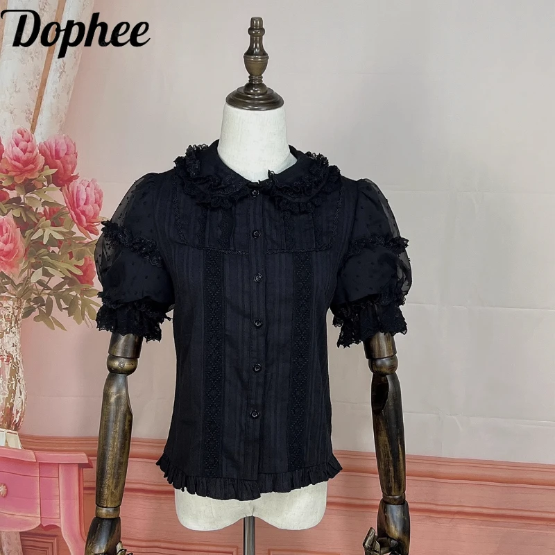 Dophee Original Spring Summer Lolita Shirts Elegant Puff Short Sleeve Basic Top Cute Princess Lace Peter Pan Collar Women Blouse