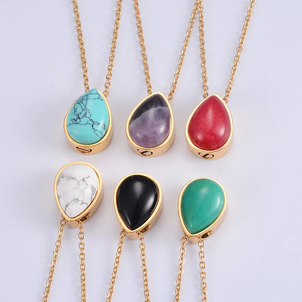 Gold Color Natural Stone Cremation Necklace for Ashes Stainless Steel Water Drop Urn Pendant Memorial Ash Holder Keepsake