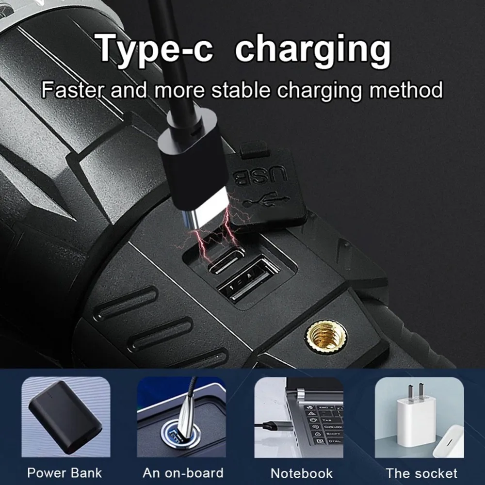 超強力充電式led懐中電灯。3個の18650型バッテリー内蔵、高出力、大口径レンズ、キャンプ用cobランタン。