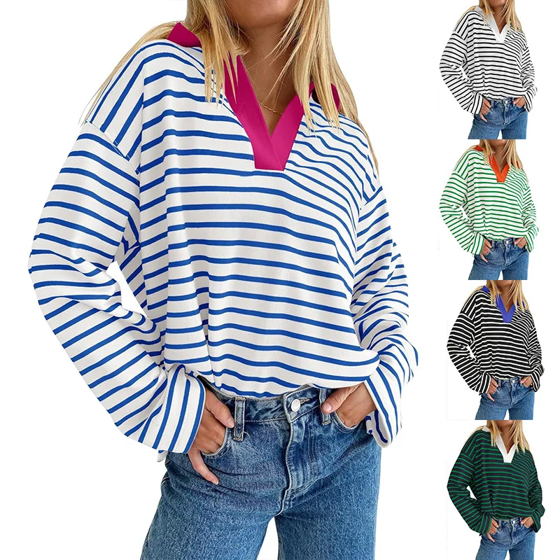 Sweatshirts Women Tops Polo Collar Print Striped Full Sleeve Casual Top Loose Regular Sweatshirt Elegant Splice Autumn 2024