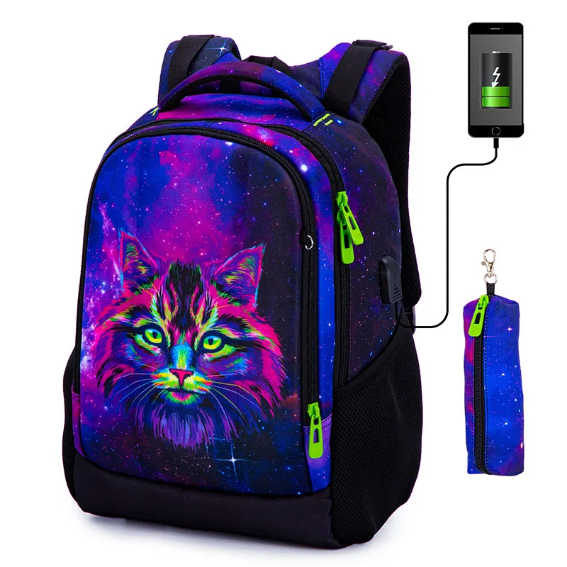 

Teenagers Bookbag Orthopedic School Bag for Boys 3D Cat Animal Prints Backpacks Students USB Charging Multifunctional Packbag